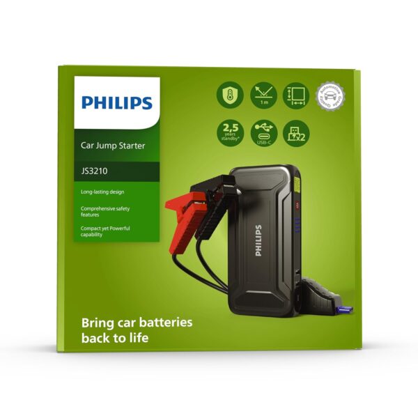 Philips Jump Strater JS3210 | Compact Design | Compatible with 4.0L Petrol Engine, 3.0L Diesel Engine and Two Wheeler | 9900mAH